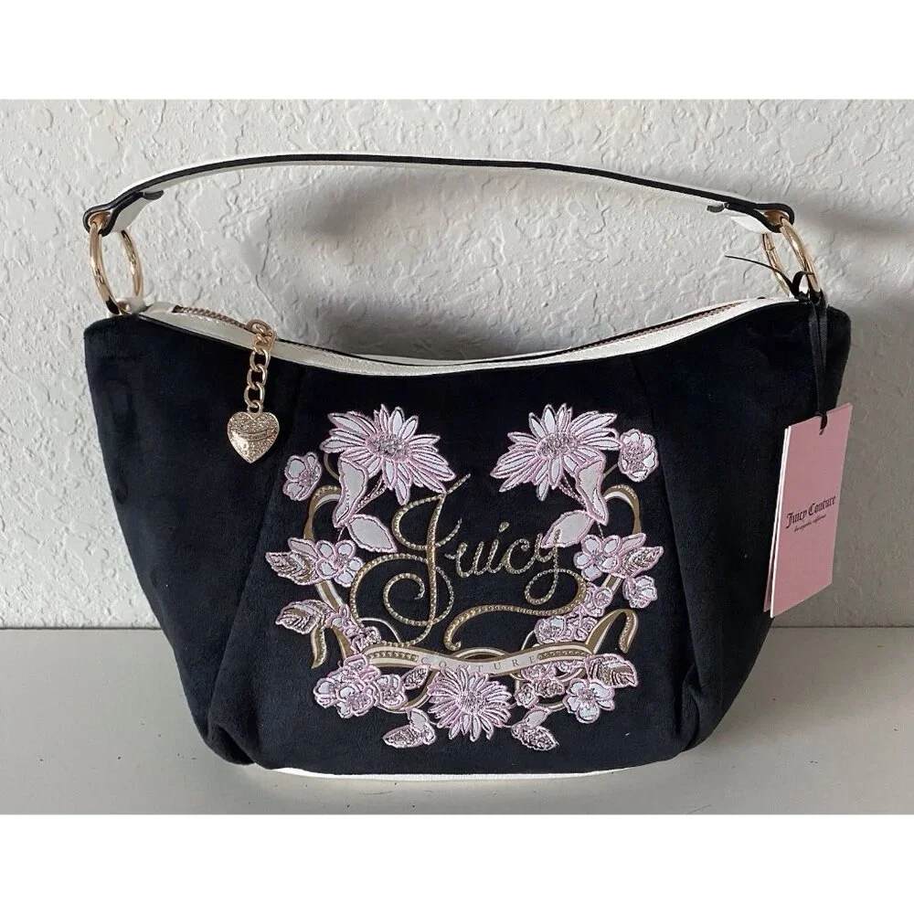 Juicy Couture Juicy In Bloom Hobo Shoulder Bag Purse Liquorice Black‎ Floral NEW